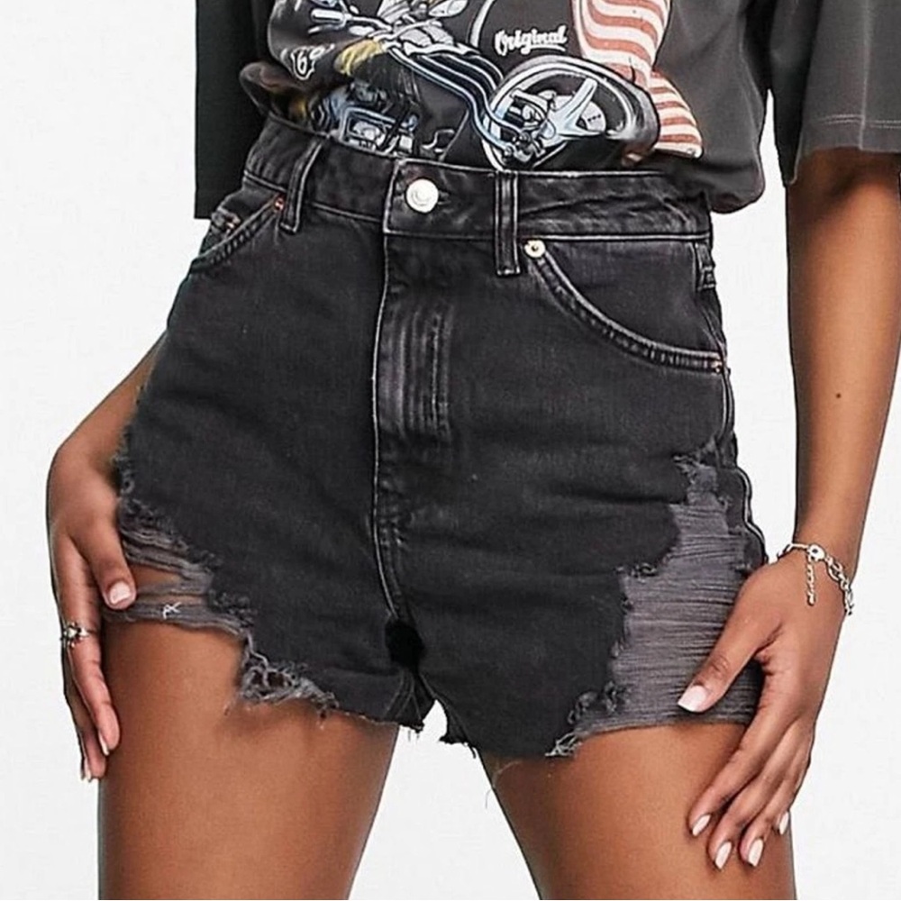 Topshop light black A line hight waisted super distressed mom denim shorts 8